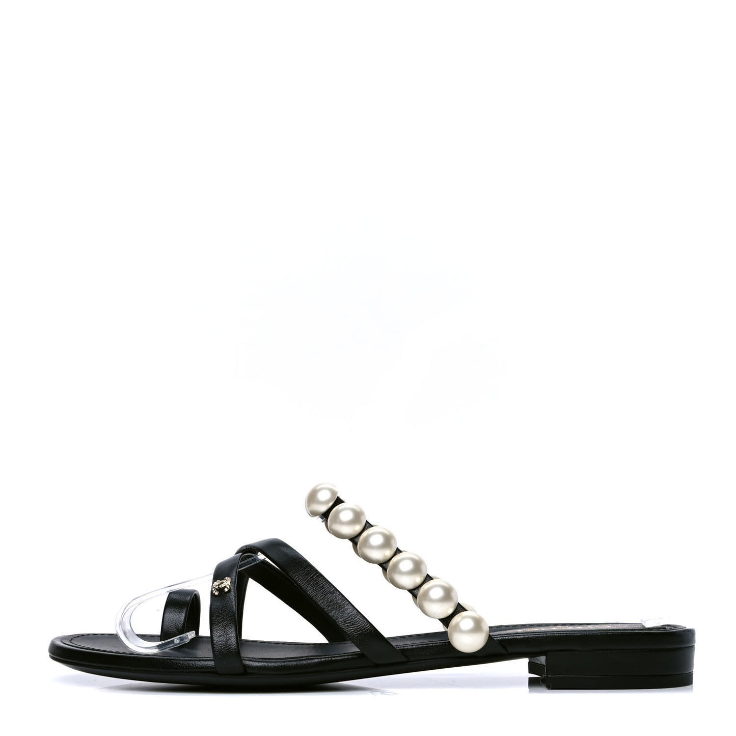 Calfskin Pearl CC Toe Ring Sandals 38.5 Black