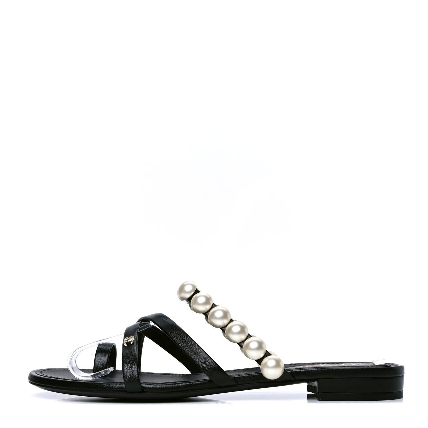 Chanel Calfskin Pearl CC Toe Ring Sandals 38.5 Black 1 of 5