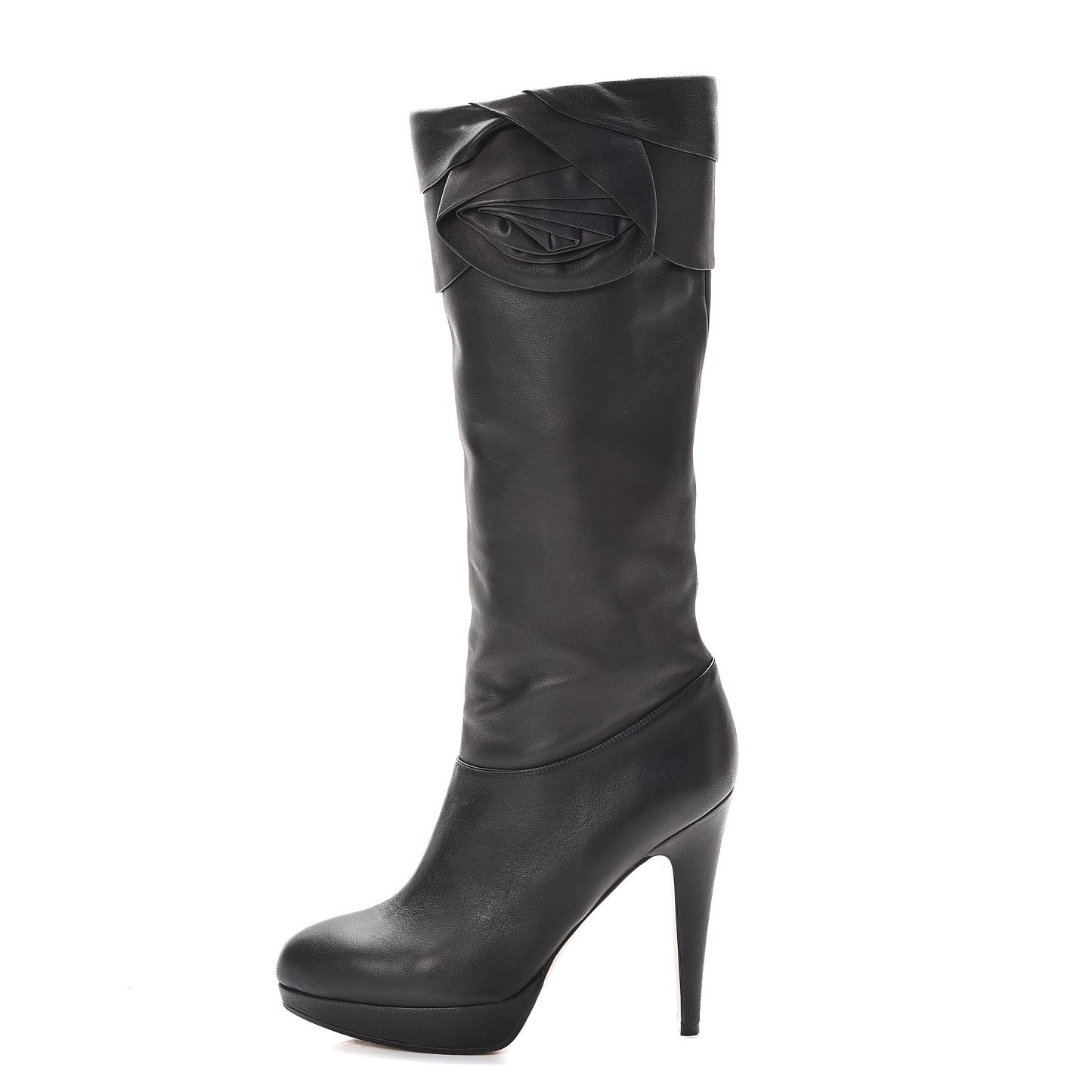 Lambskin Rose Rosette Tall Calf Boots 37.5 Black