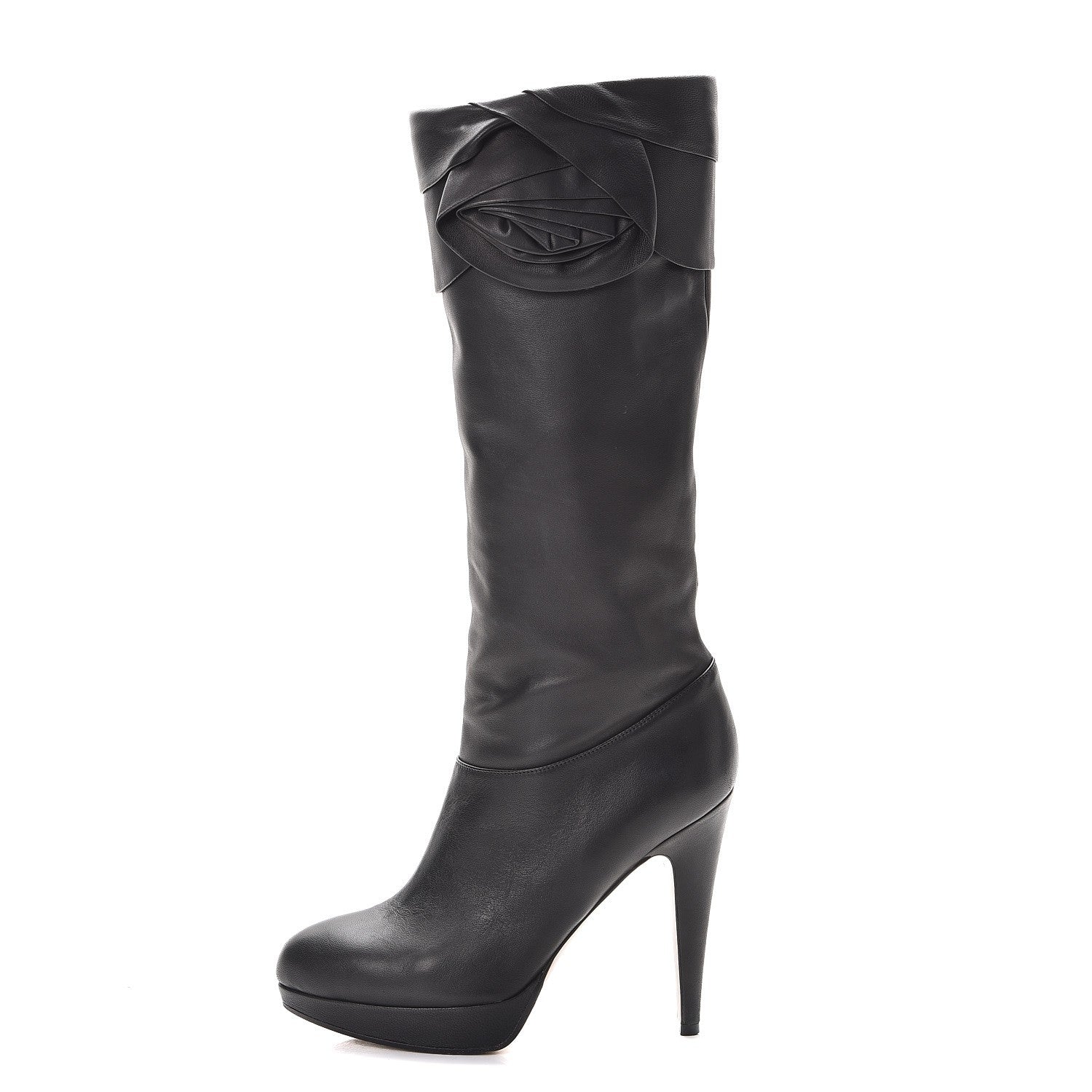 Valentino Garavani Lambskin Rose Rosette Tall Calf Boots 37.5 Black 1 of 12