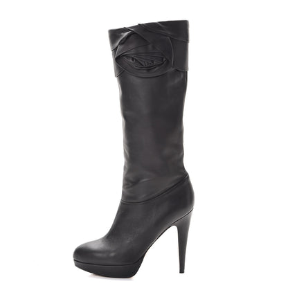 Valentino Garavani Lambskin Rose Rosette Tall Calf Boots 37.5 Black 1 of 12