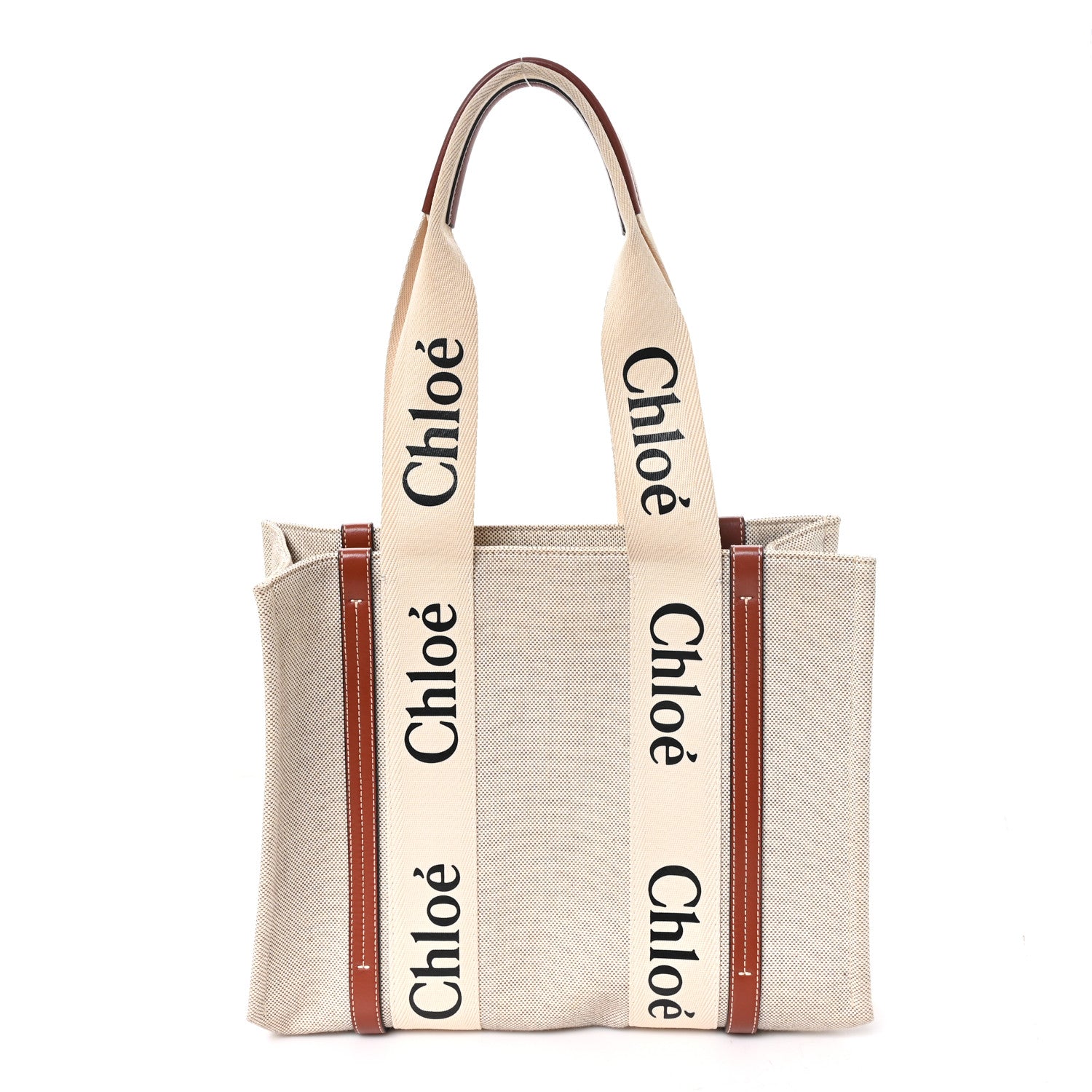 Chloe Cotton Calfskin Medium Woody Ribbon Tote White Brown 1 of 12