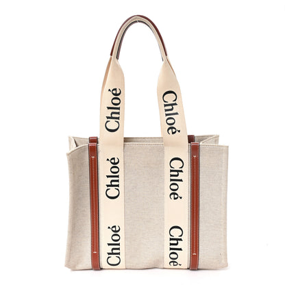 Chloe Cotton Calfskin Medium Woody Ribbon Tote White Brown 1 of 12