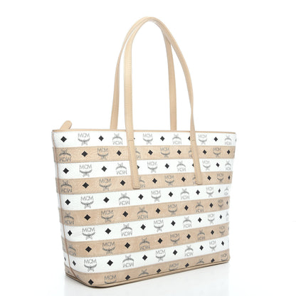 MCM Visetos Striped Medium Anya Shopper Tote White Beige 2 of 10
