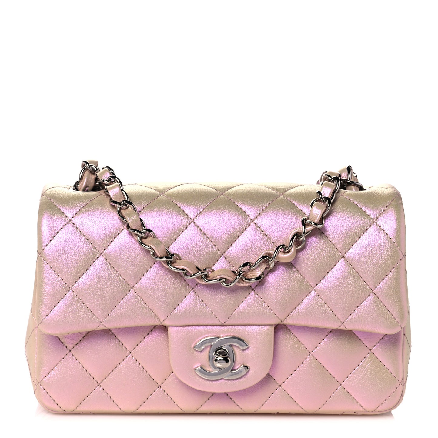 Iridescent Calfskin Quilted Mini Rectangular Flap Pink