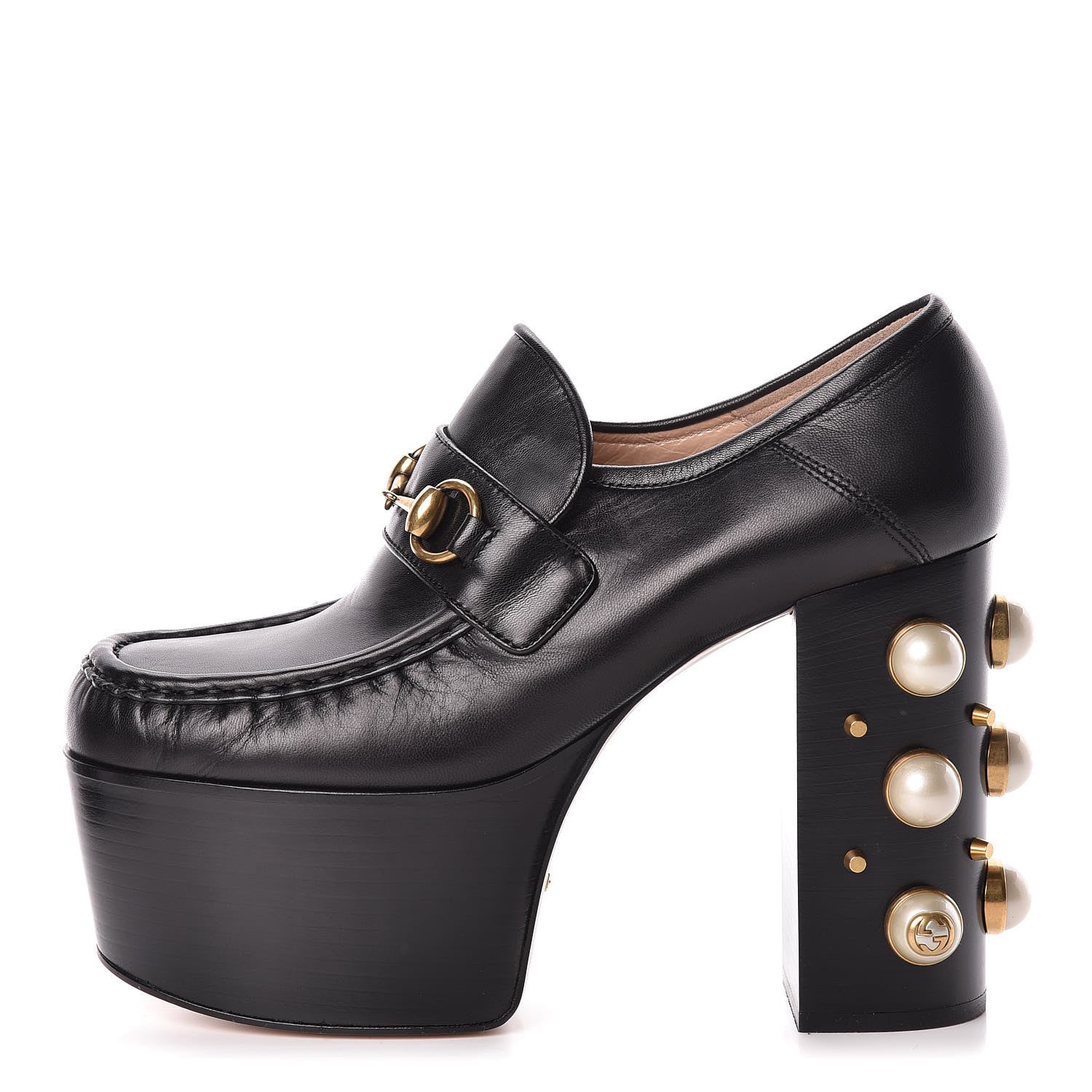 Gucci Malaga Kid Pearl Studded Vegas Platform Loafers 38.5 Black 1 of 8