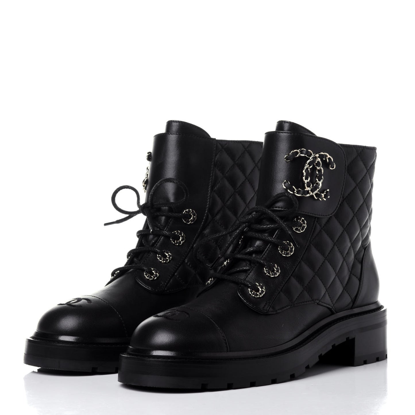 Shiny Lambskin Quilted Lace Up Combat Boots 39.5 Black
