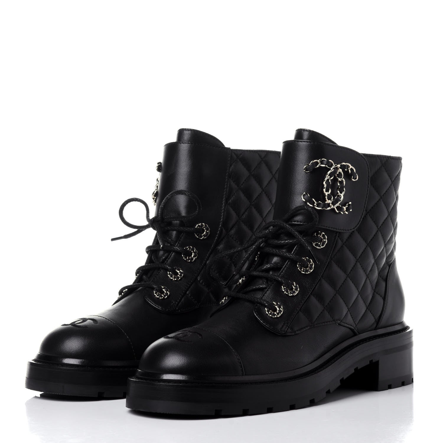 Chanel Shiny Lambskin Quilted Lace Up Combat Boots 39.5 Black 3 of 12