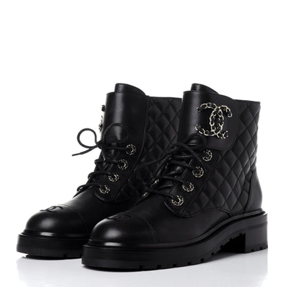Chanel Shiny Lambskin Quilted Lace Up Combat Boots 39.5 Black 3 of 12