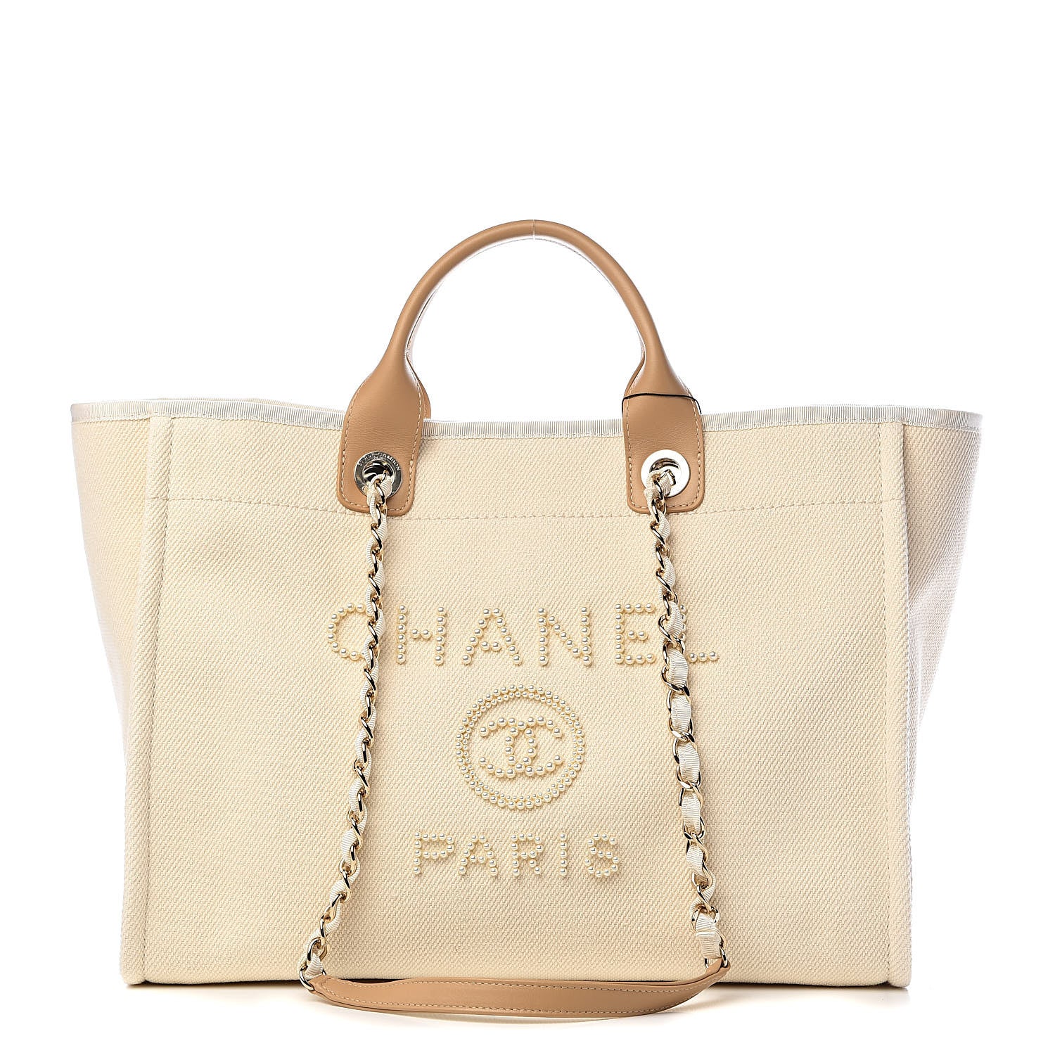 Chanel Canvas Pearl Medium Deauville Tote Ecru Beige 1 of 10