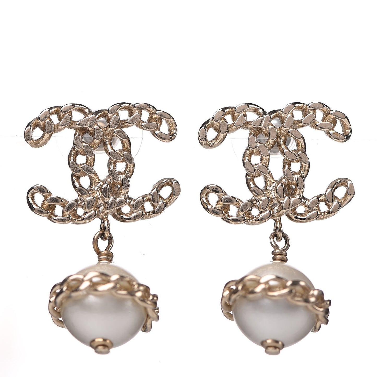 Chain Pearl CC Drop Earrings Gold