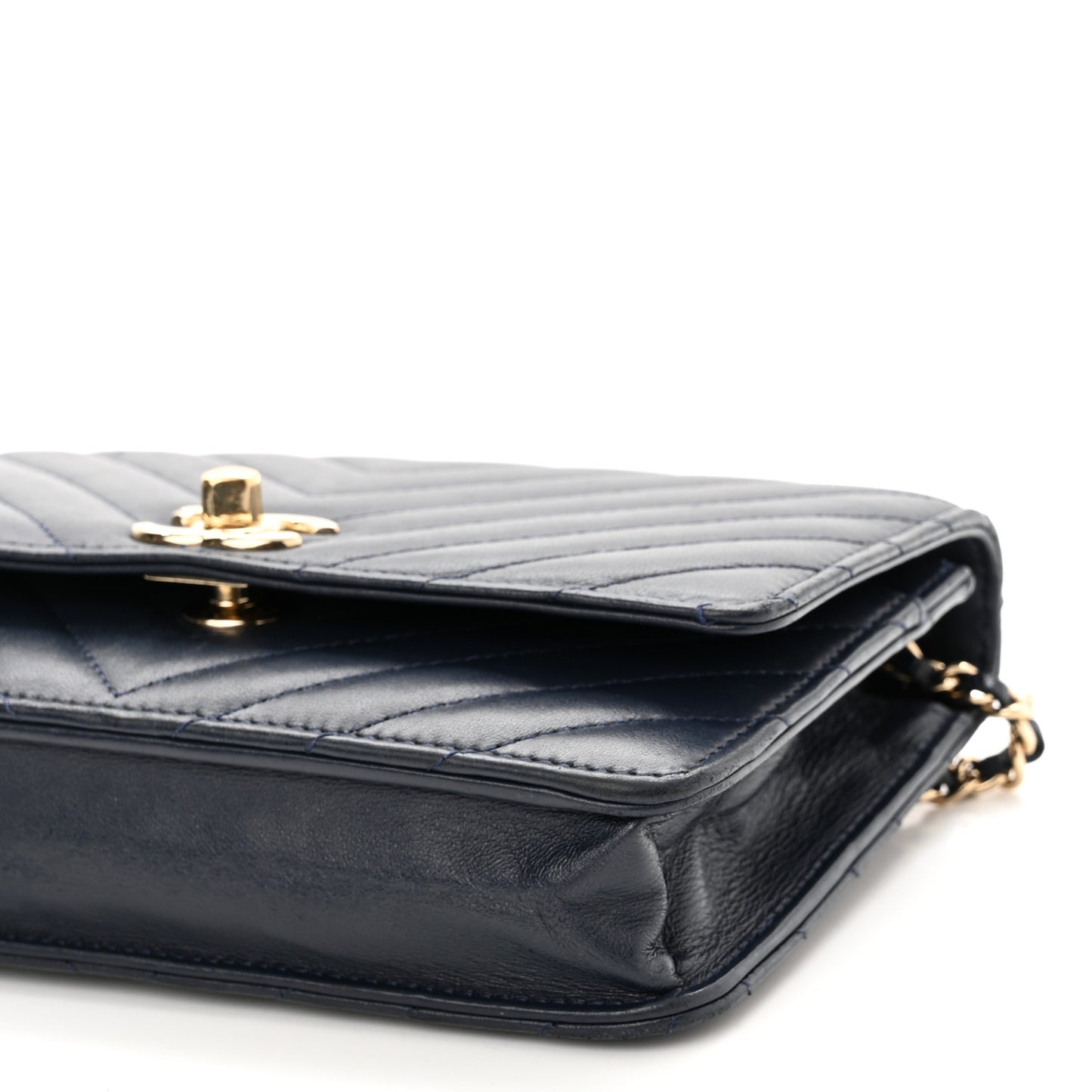 Lambskin Chevron Quilted Trendy CC Wallet On Chain WOC Dark Blue
