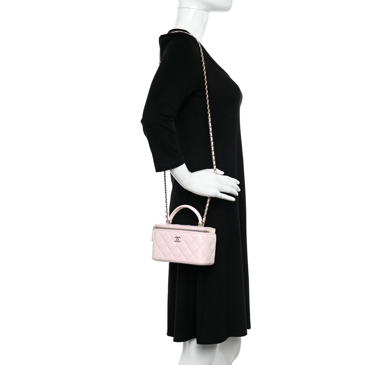 Lambskin Quilted Small Top Handle Vanity Case With Chain Light Pink