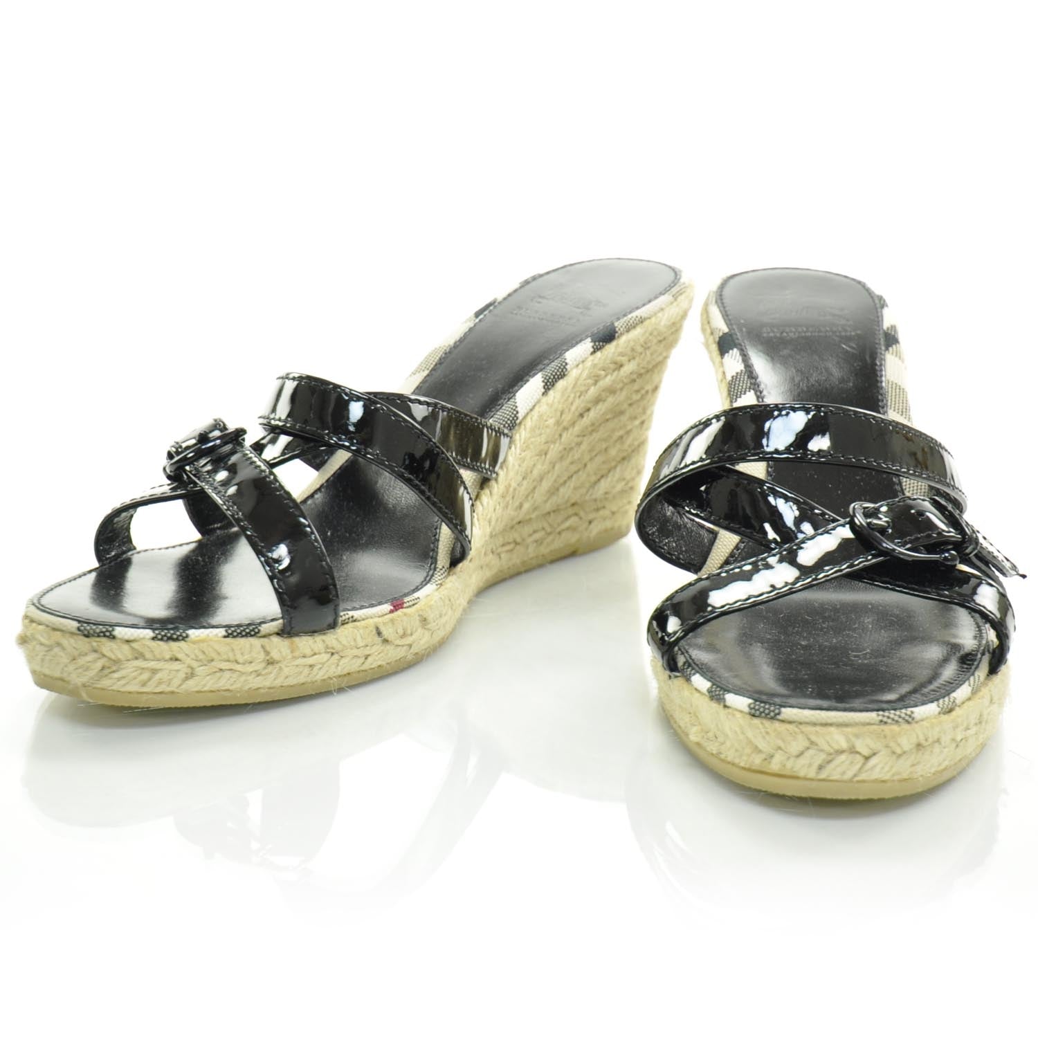 Burberry Patent Nova Check Trim Espadrille Wedges 40 Black 1 of 8