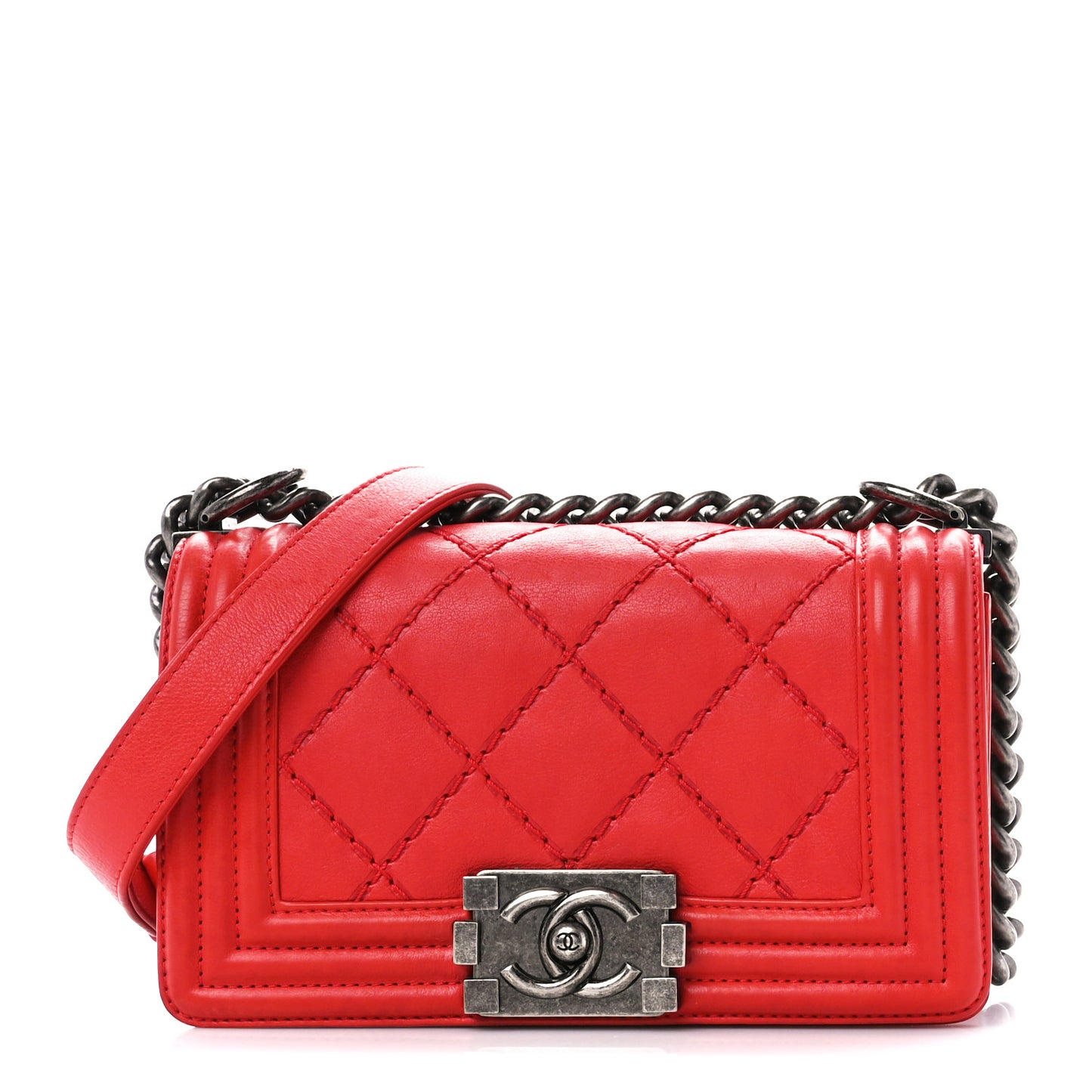Calfskin Double Stitch Small Boy Flap Red