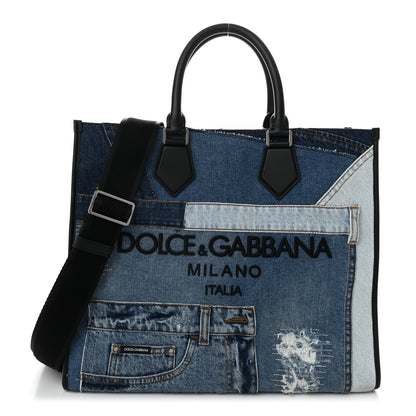 Dolce & Gabbana DOLCE GABBANA Large Denim Patchwork Shopping Tote Blue Black 1 of 10