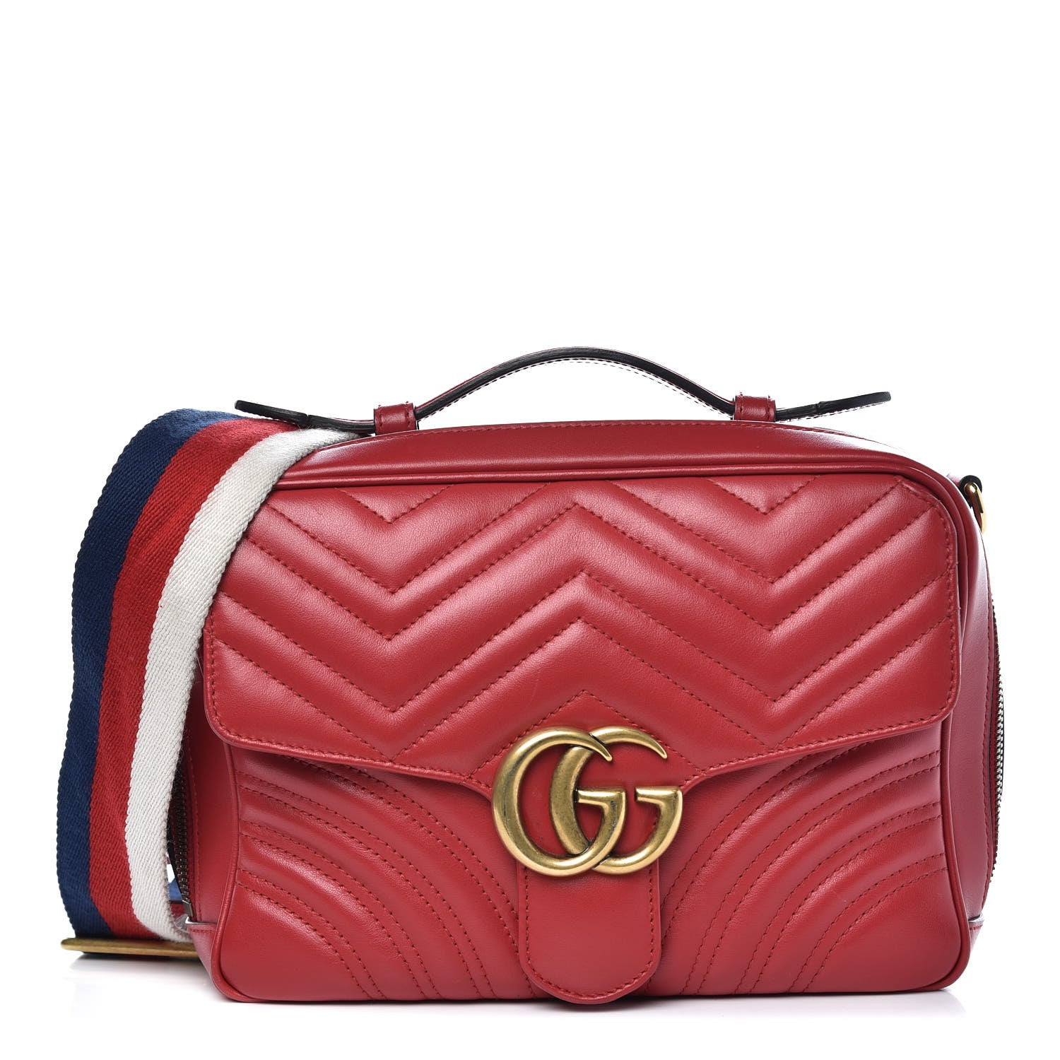 Gucci Calfskin Matelasse Sylvie Web Small GG Marmont Top Handle Shoulder Bag Hibiscus Red 1 of 8