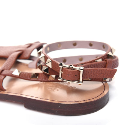 Valentino Garavani Pebbled Calfskin Rockstud Ankle Wrap Flat Thong Sandals 39 Bright Cognac 9 of 13