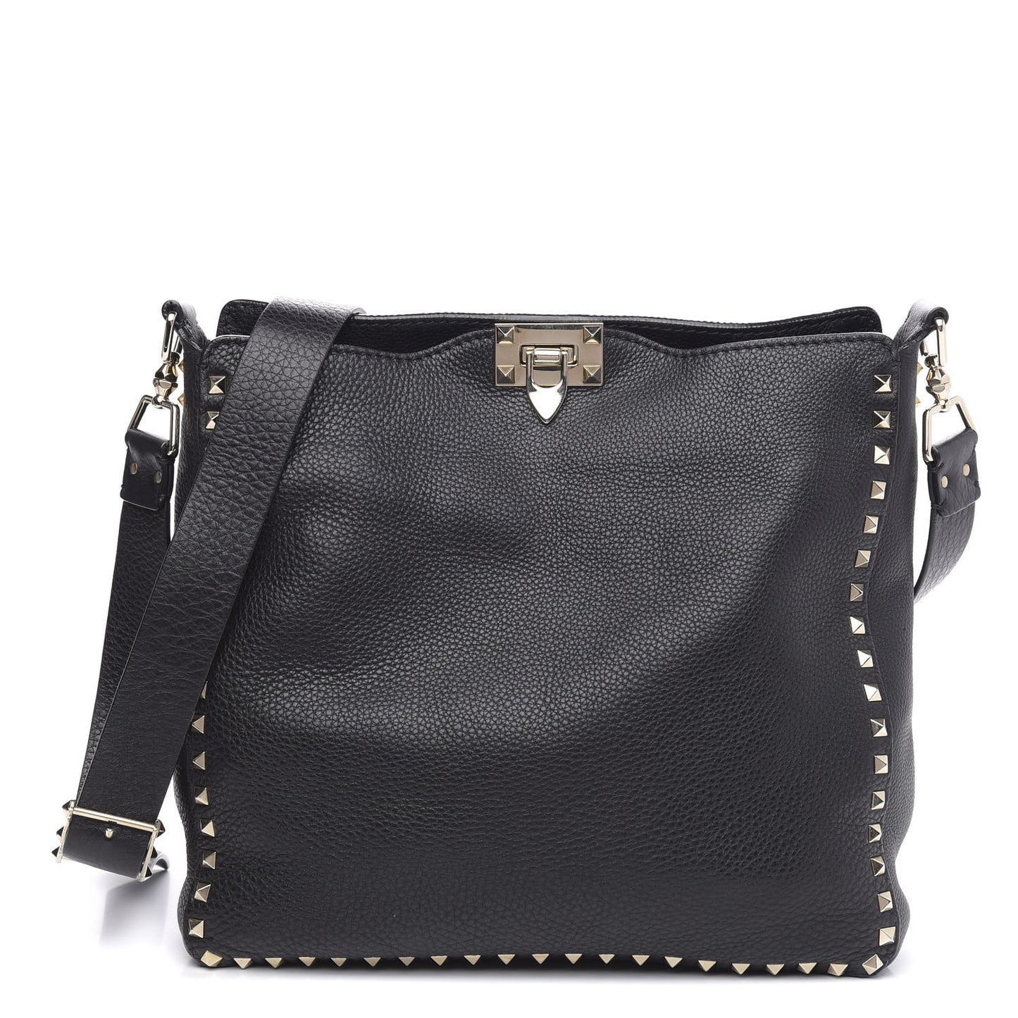 Pebbled Calfskin Large Rockstud Flip-Lock Messenger Bag Black