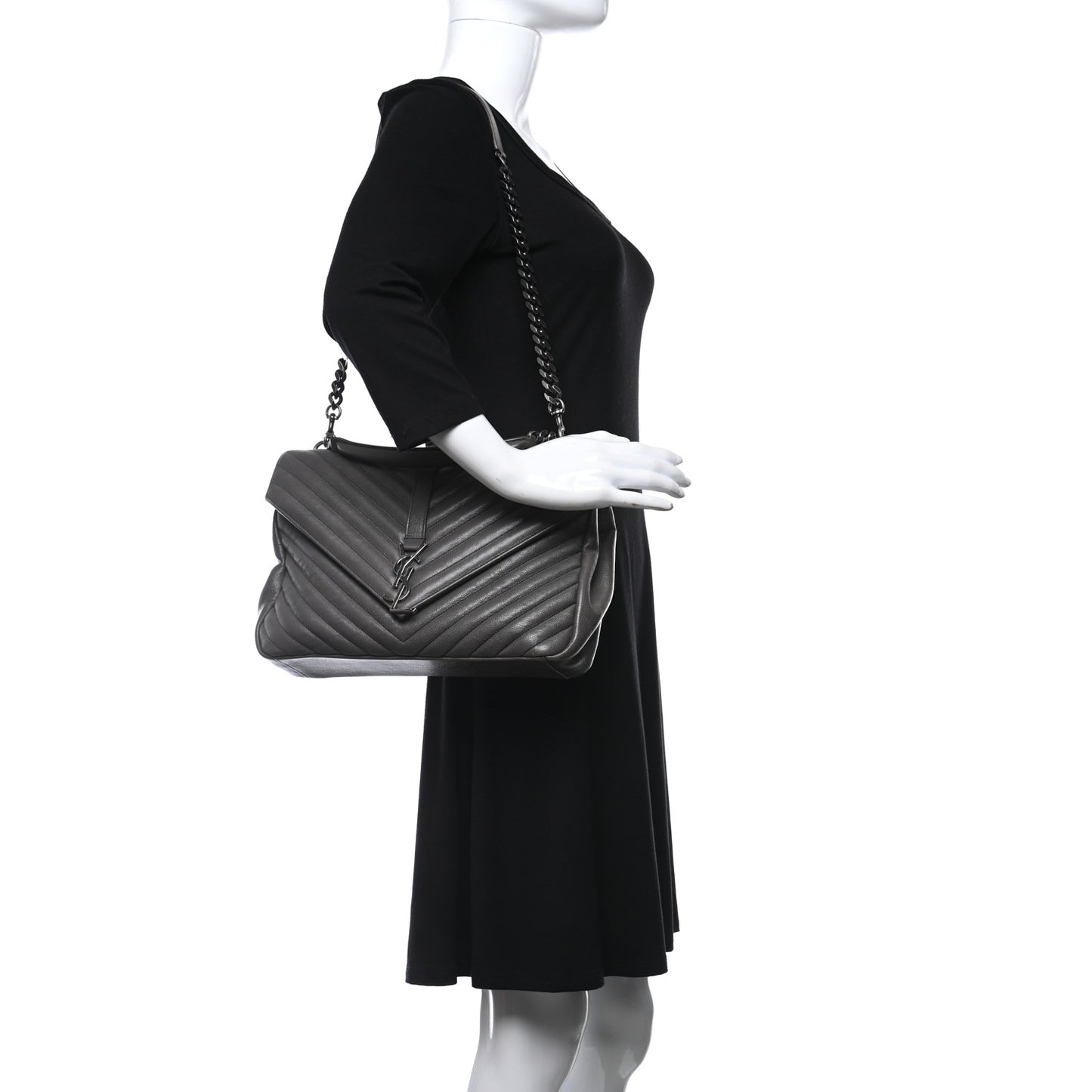 Sheepskin Matelasse Chevron Monogram Large College Satchel Dark Anthracite