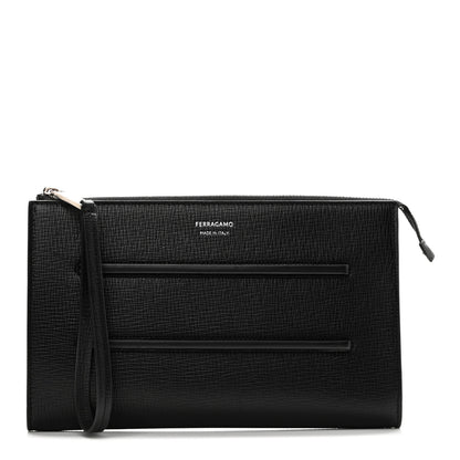 Salvatore Ferragamo Hammered Calfskin New Revival Wristlet Clutch Black 1 of 8
