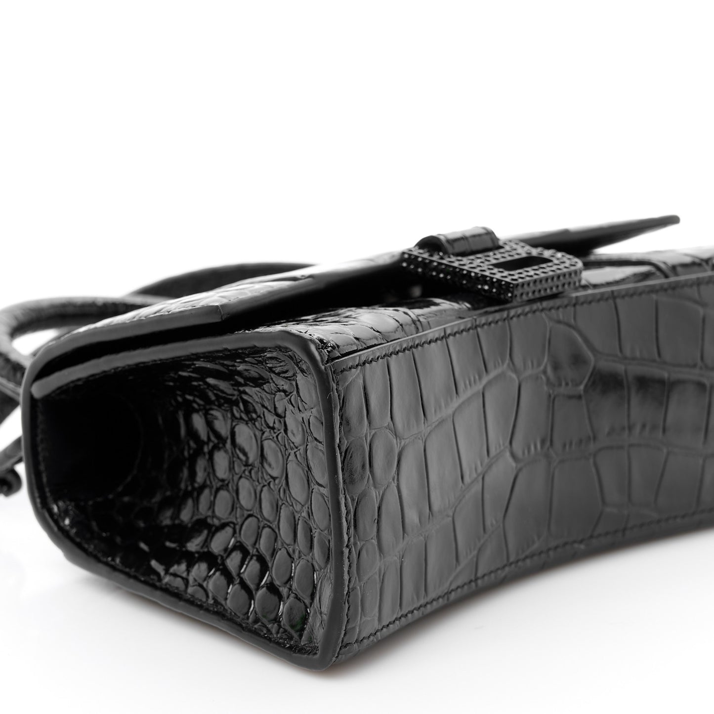 Shiny Calfskin Strass Monochrome Crocodile Embossed Hourglass Top Handle Bag XS Black