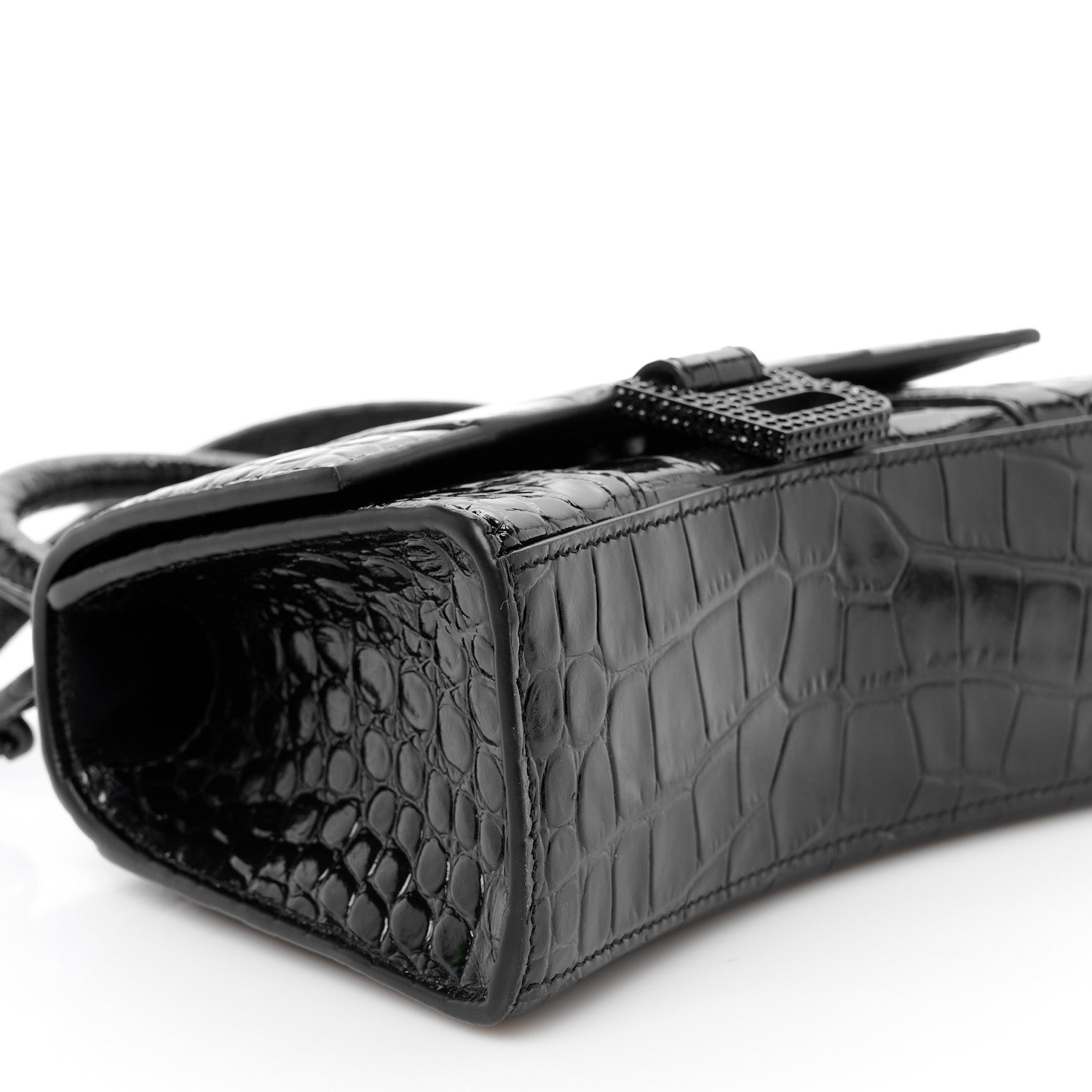 Balenciaga Shiny Calfskin Strass Monochrome Crocodile Embossed Hourglass Top Handle Bag XS Black 8 of 9