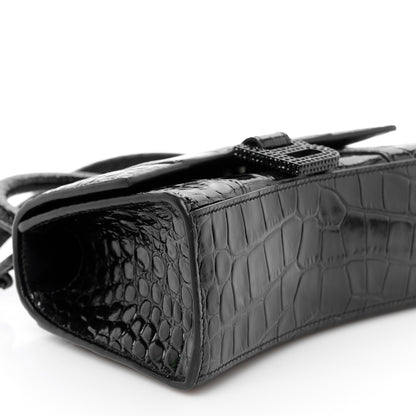 Balenciaga Shiny Calfskin Strass Monochrome Crocodile Embossed Hourglass Top Handle Bag XS Black 8 of 9
