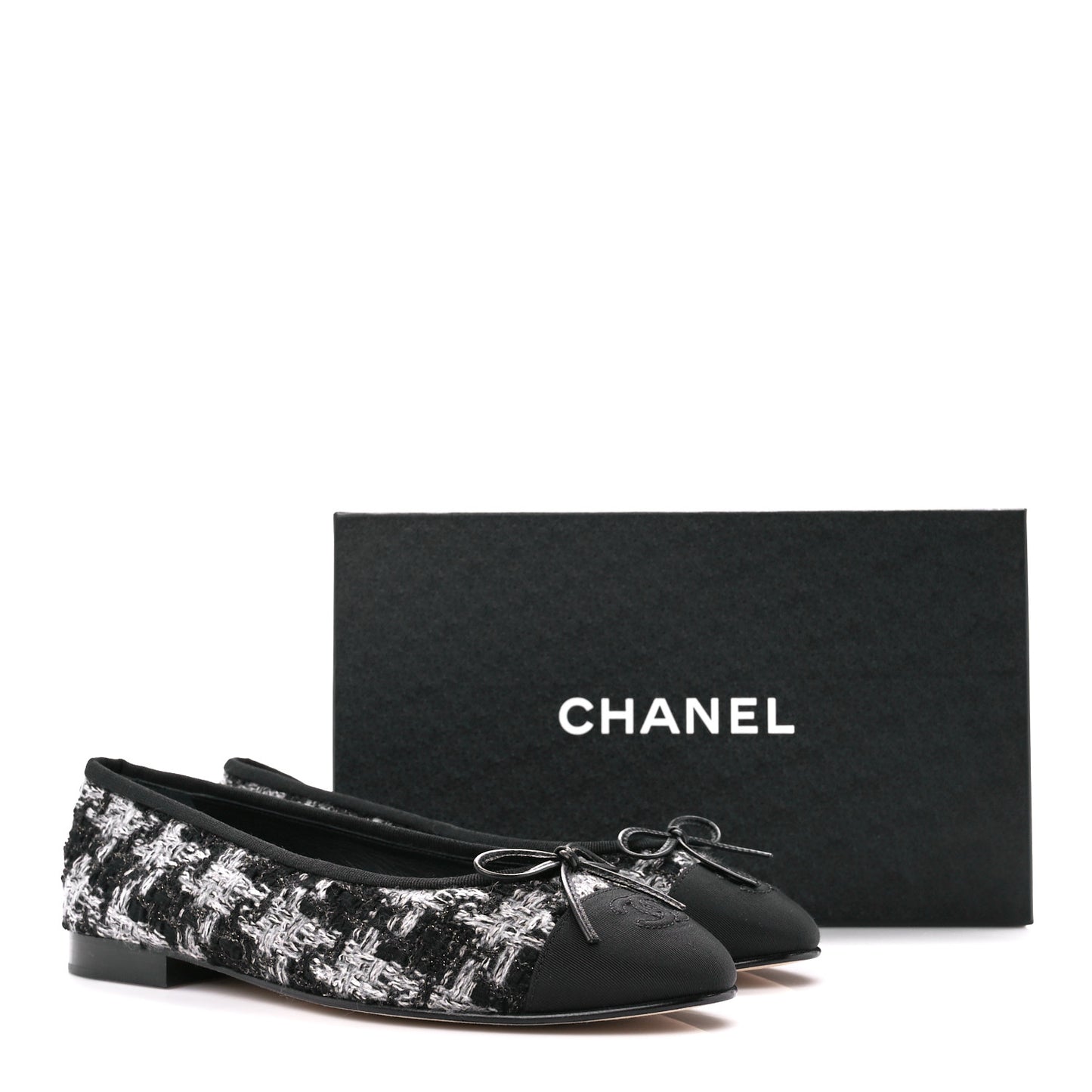 Tweed Grosgrain Cap Toe Ballerina Flats 38.5 Black White