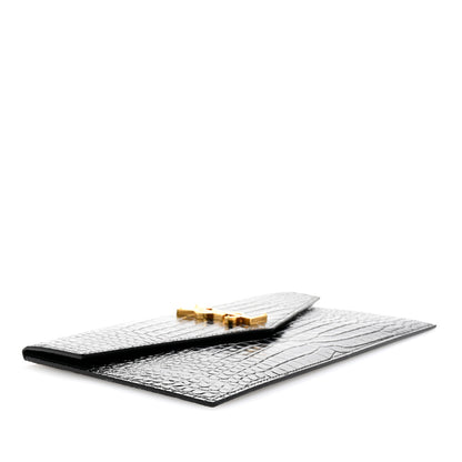 Saint Laurent Calfskin Crocodile Embossed Uptown Monogram Pouch Black 4 of 6