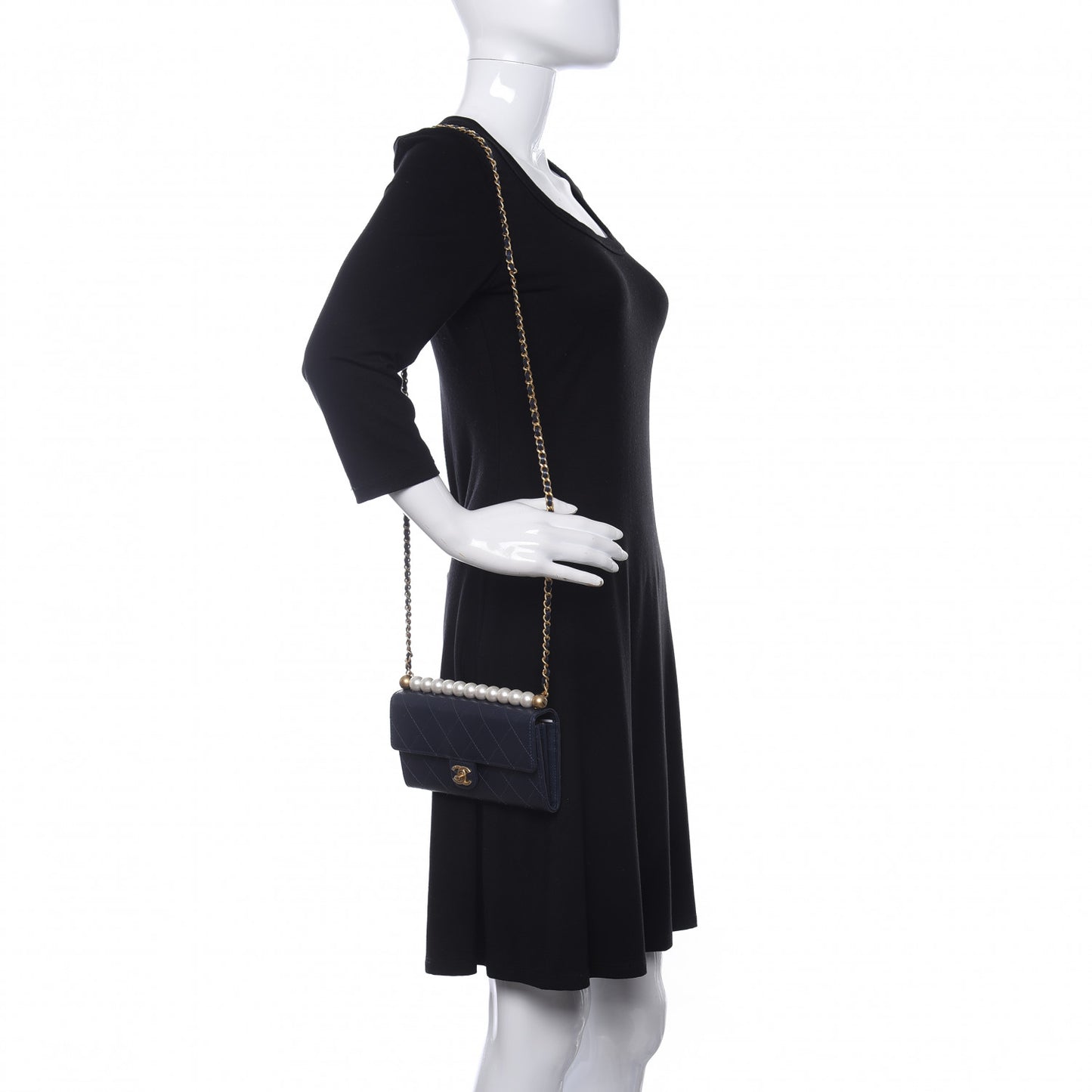 Iridescent Lambskin Quilted Chic Pearls Clutch With Chain Blue