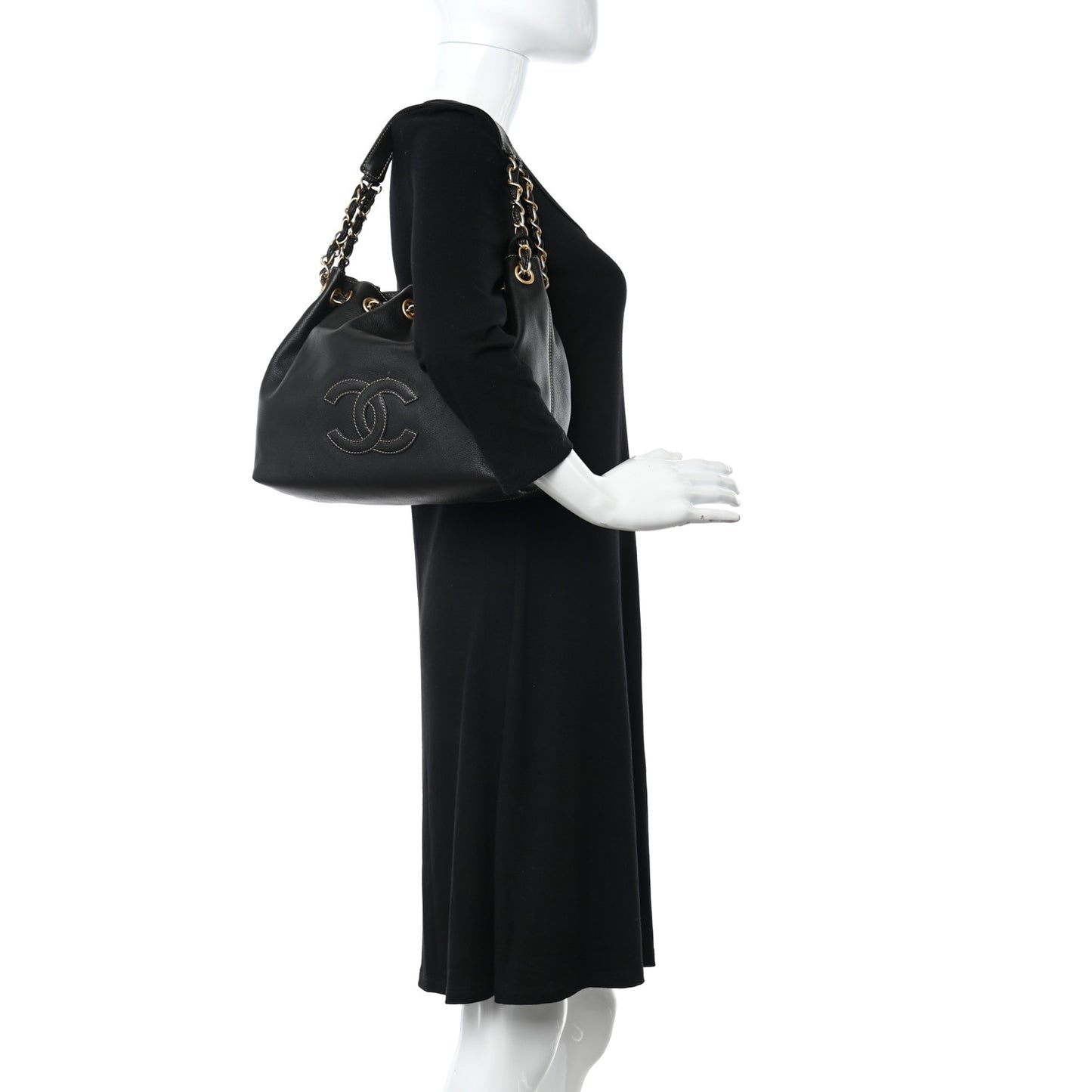 Grained Calfskin CC Drawstring Bucket Bag Black