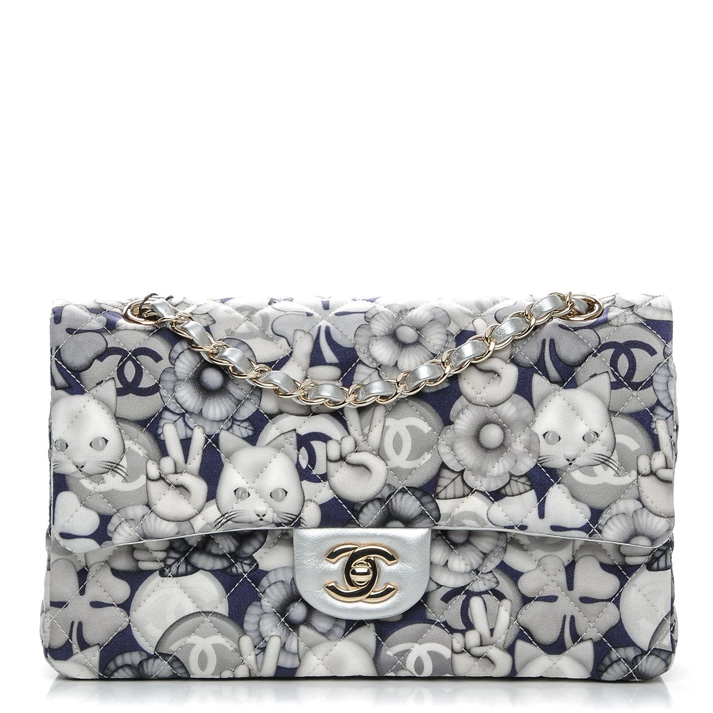 Nylon Quilted Medium Cat Emoticon Double Flap Navy Grey Ecru