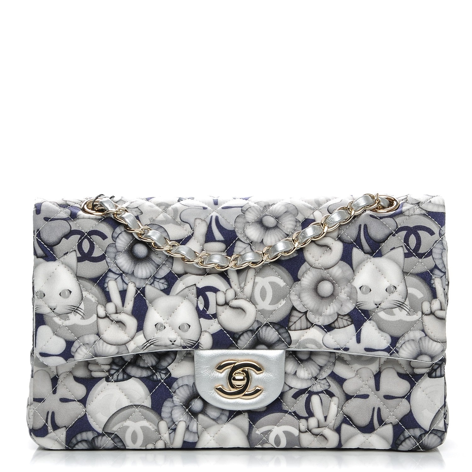Chanel Nylon Quilted Medium Cat Emoticon Double Flap Navy Grey Ecru 1 of 8