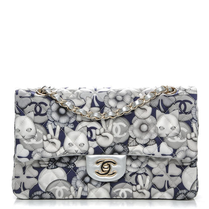 Chanel Nylon Quilted Medium Cat Emoticon Double Flap Navy Grey Ecru 1 of 8