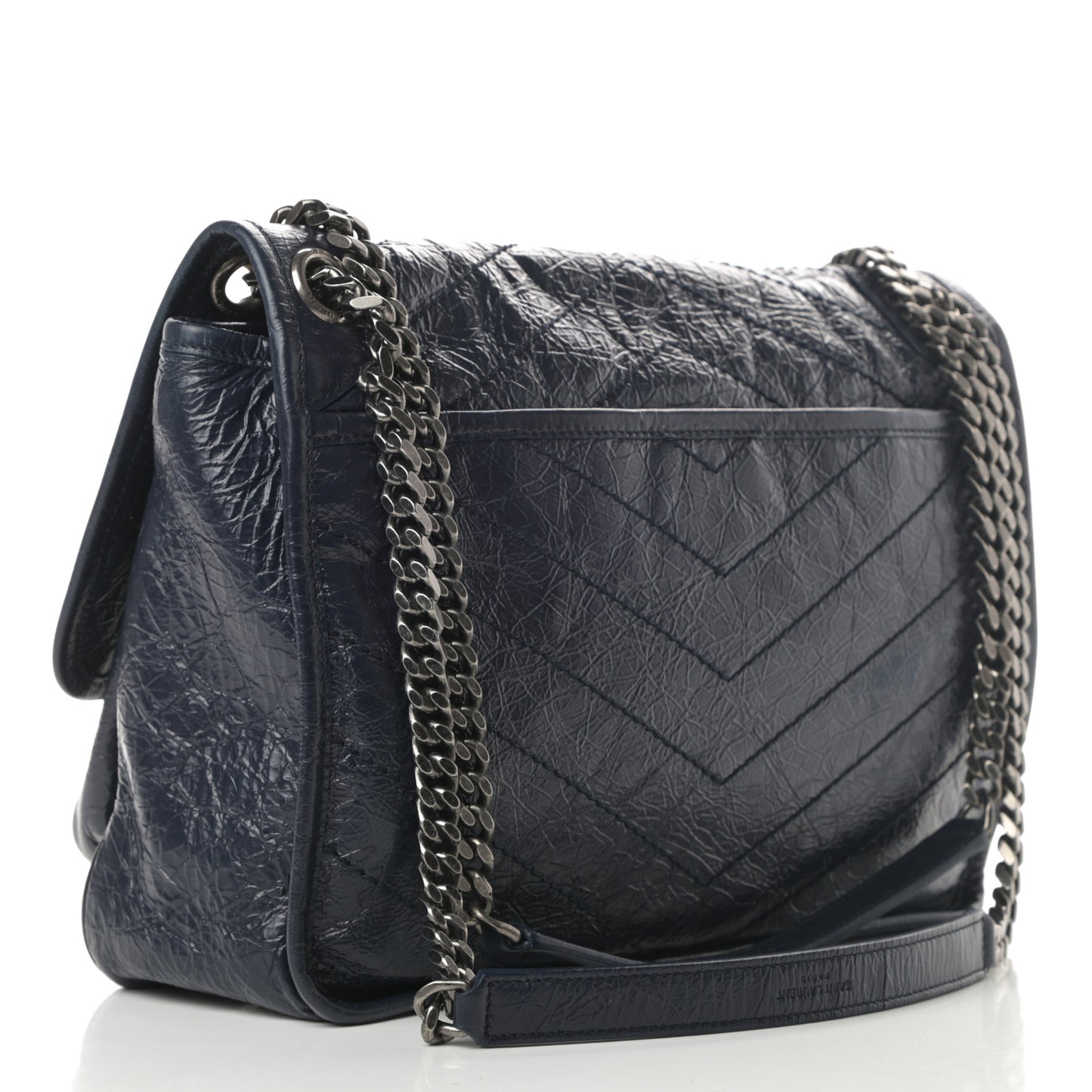 Crinkled Calfskin Matelasse Monogram Medium Niki Chain Satchel Deep Marine