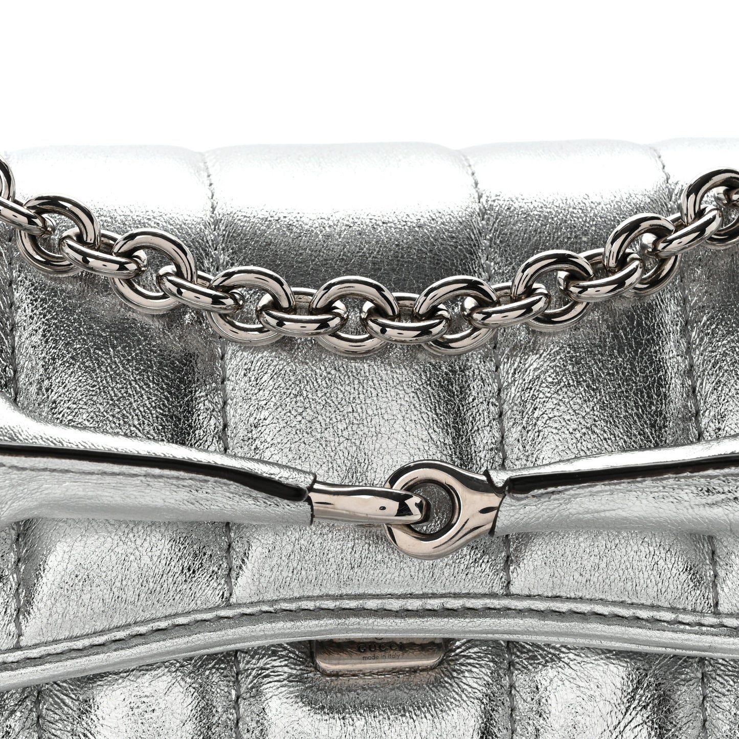 Metallic Nappa Vertical Matelasse Small Maxi Horsebit Chain Shoulder Bag Silver