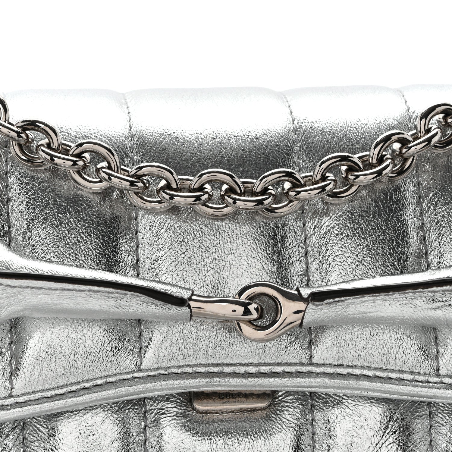 Gucci Metallic Nappa Vertical Matelasse Small Maxi Horsebit Chain Shoulder Bag Silver 7 of 9