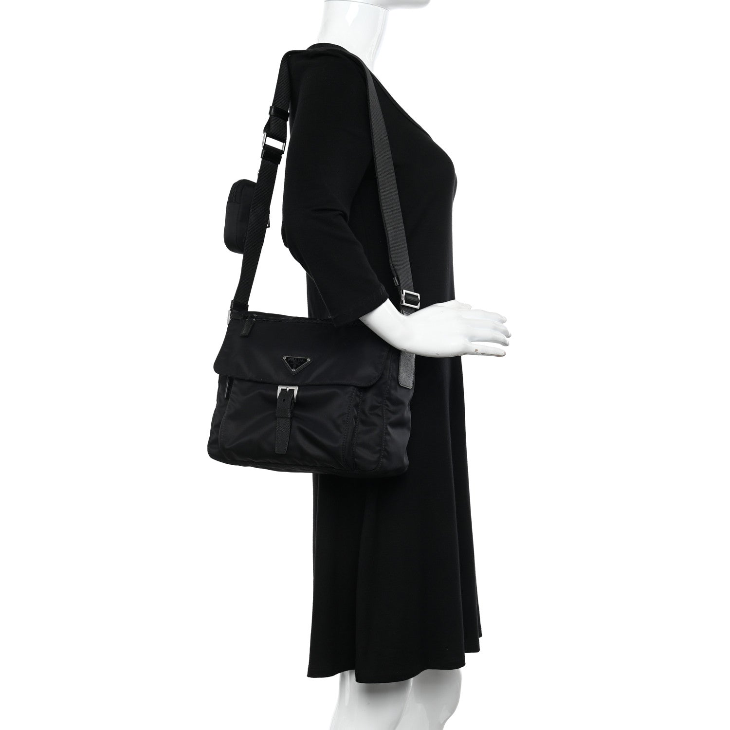 Prada Re-Nylon Vela Saffiano Pocket Single Buckle Messenger Shoulder Bag Black 1 of 12