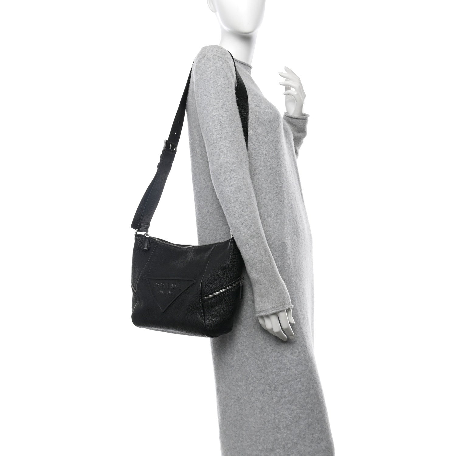 Prada Vitello Daino Triangle Logo Embossed Shoulder Bag Black 2 of 10