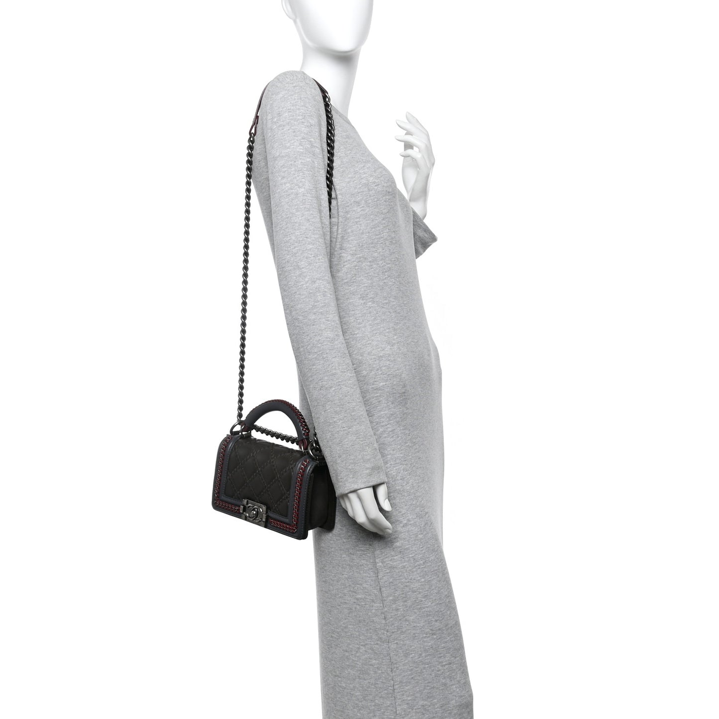 Calfskin Quilted Small Boy Top Handle Flap Grey Burgundy