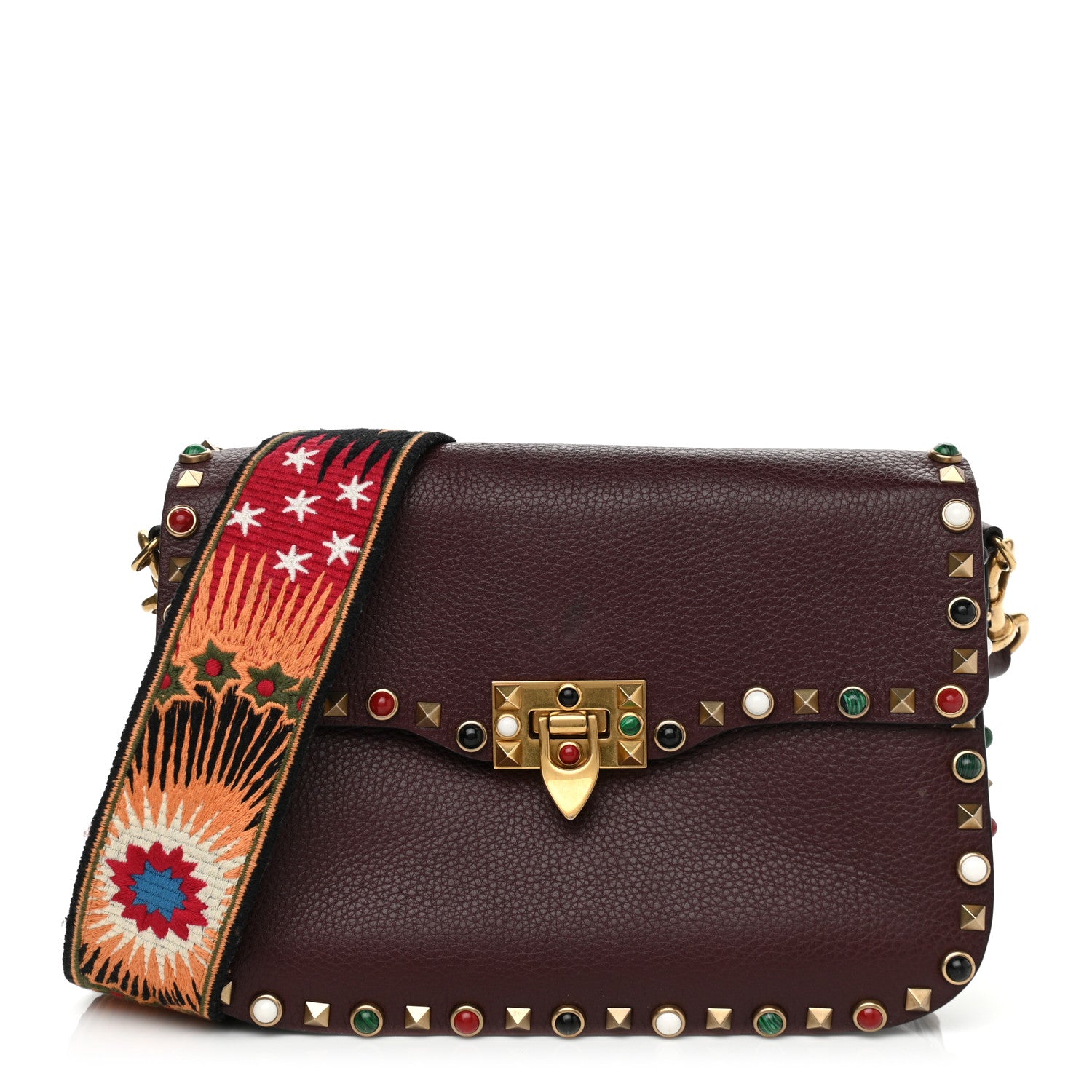Valentino Garavani Calfskin Enchanted Wonderland Medium Guitar Strap Rockstud Rolling Flap Saddle Bag Rubin 1 of 15