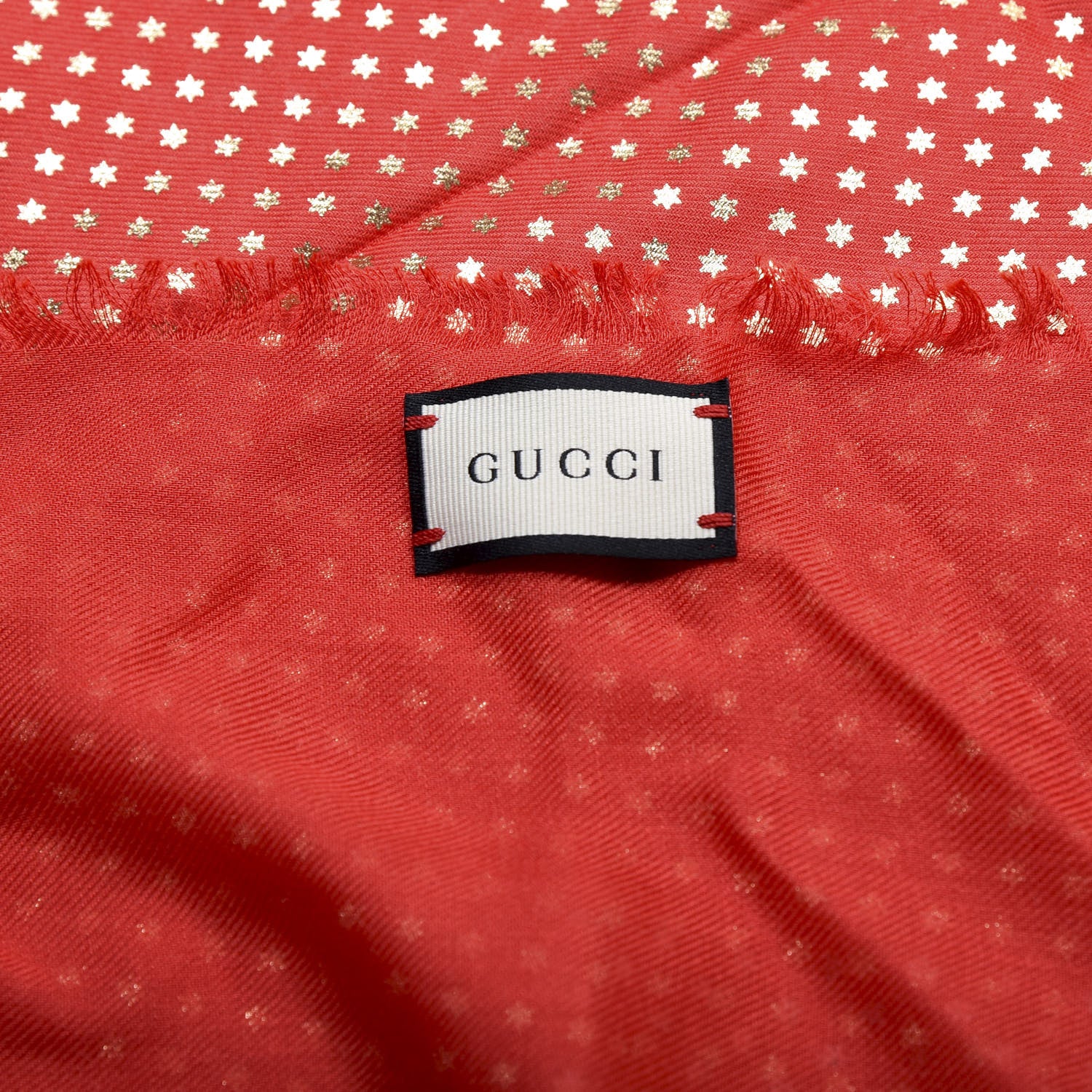 Gucci X SEGA Modal Cashmere GUCCY Stars Print Shawl Flame Red Gold 3 of 4