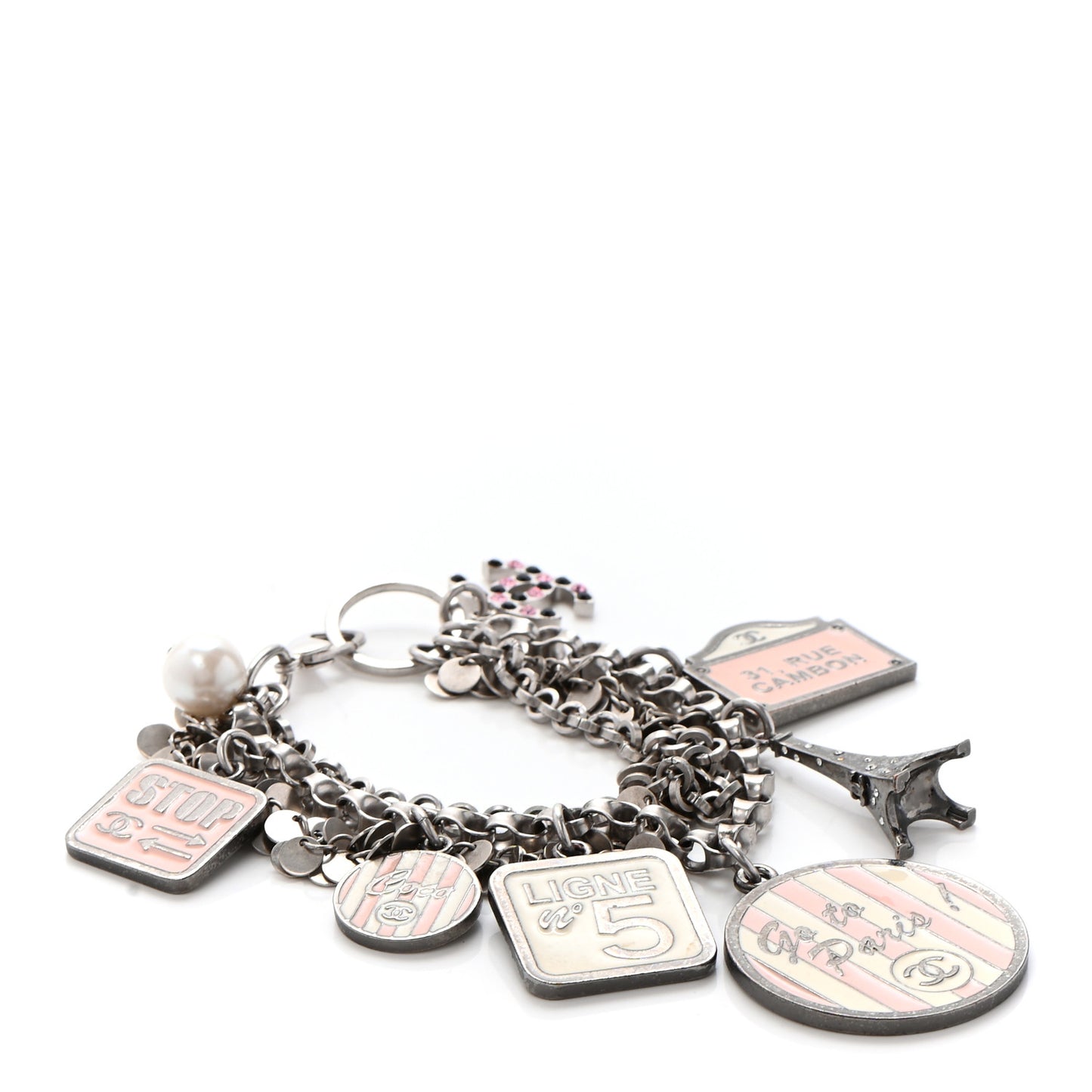 Enamel Crystal Pearl Paris Souvenirs Charm Bracelet Silver Rose White