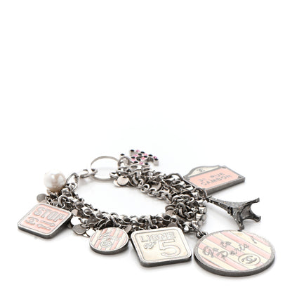 Chanel Enamel Crystal Pearl Paris Souvenirs Charm Bracelet Silver Rose White 1 of 4