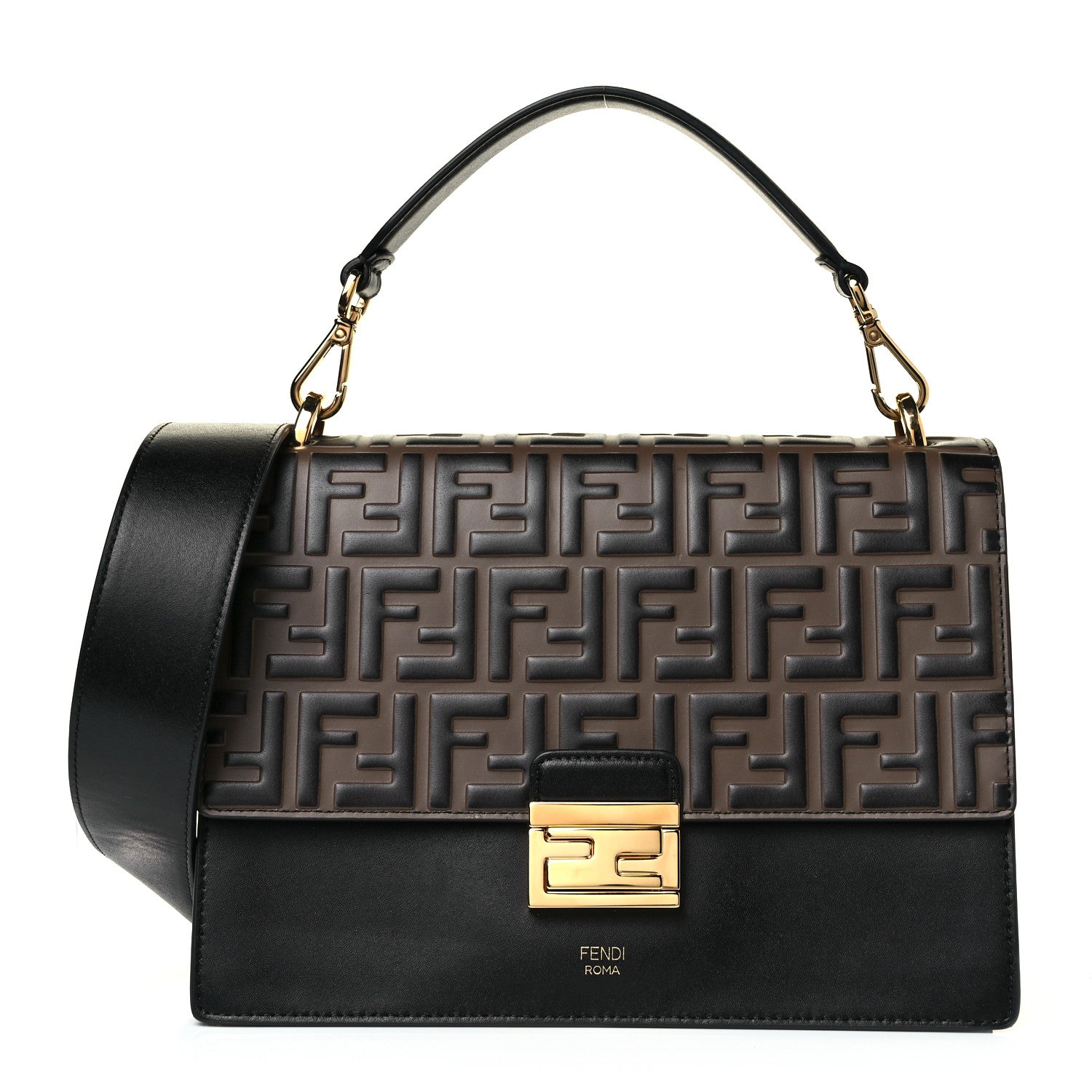 Fendi Vitello Liberty Bi-Color FF 1974 Embossed Kan U Shoulder Bag Black Maya 1 of 10