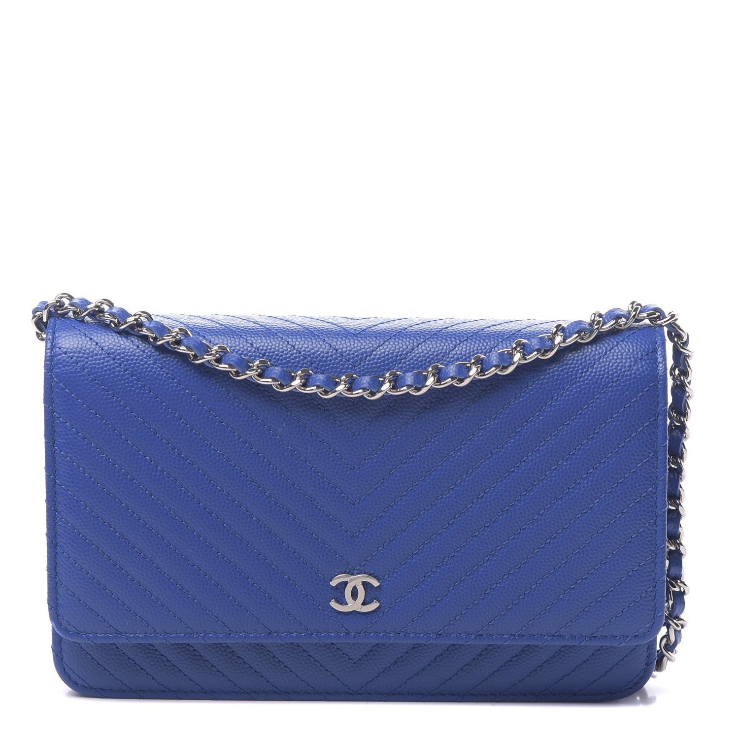 Chanel Caviar Chevron Quilted Wallet On Chain WOC Bright Blue 1 of 12
