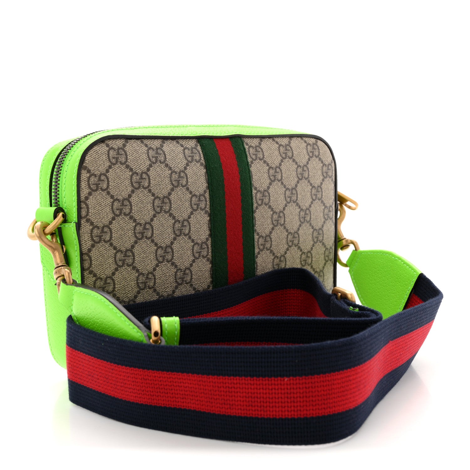Gucci GG Supreme Monogram Textured Dollar Calfskin Web Ophidia Wristlet Shoulder Bag Beige Ebony Green 3 of 10