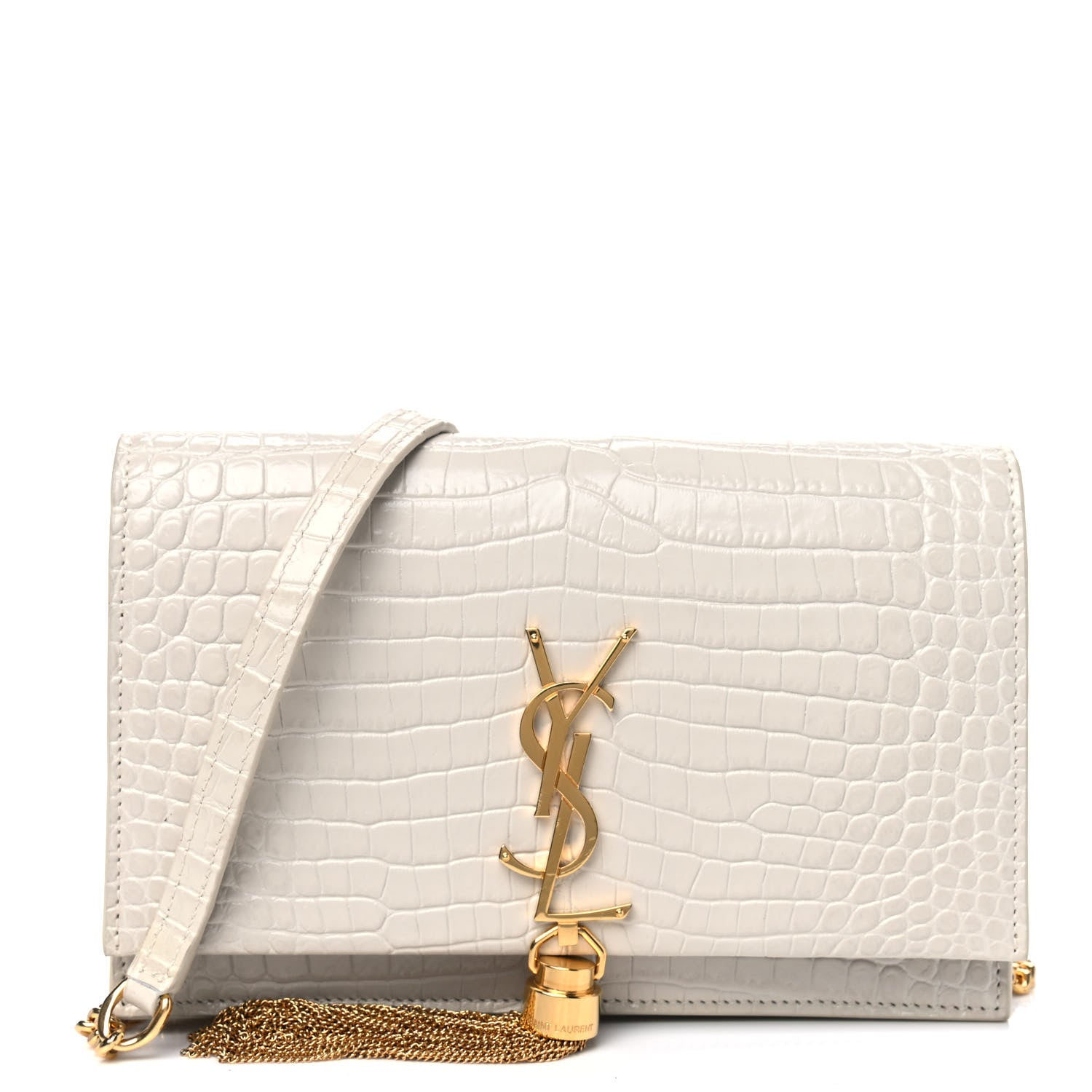 Saint Laurent Calfskin Crocodile Embossed Kate Monogram Tassel Chain Wallet Crema Soft 1 of 6