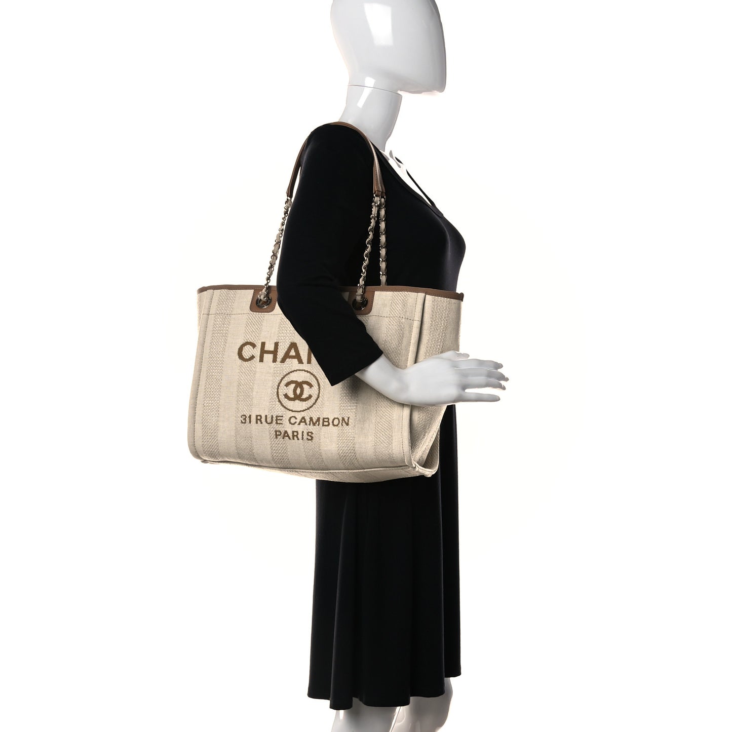 Mixed Fibers Calfskin Striped Small Deauville Tote Beige